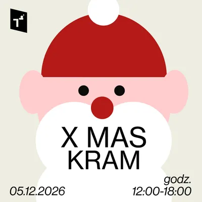Grafika przedstawiająca stylizowaną twarz Świętego Mikołaja wraz z napisem „X MAS KRAM”, datą „05.12.2026” oraz godzinami „12:00–18:00”.
